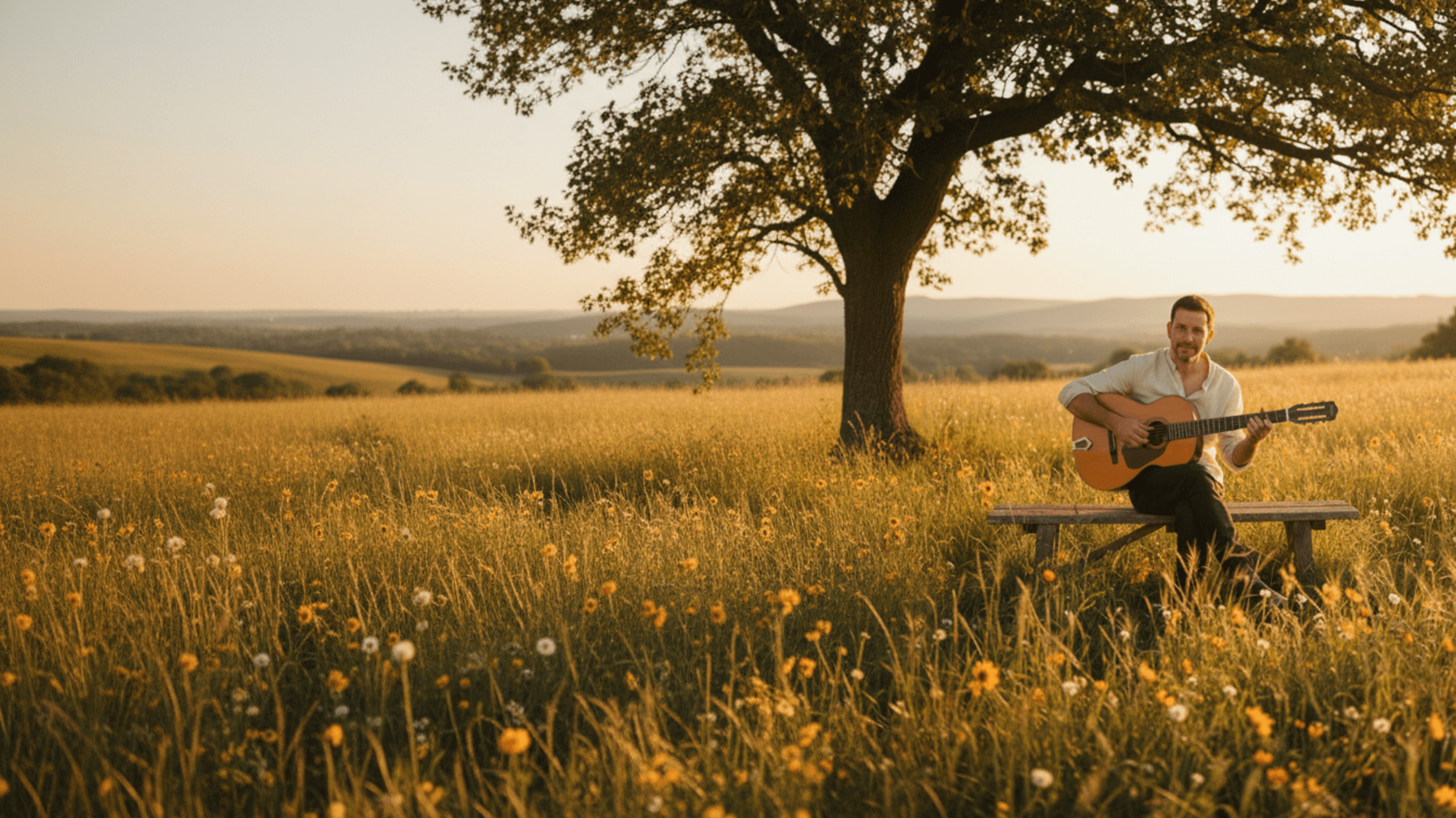 Romeu Beato playing guitar in a golden field at sunset